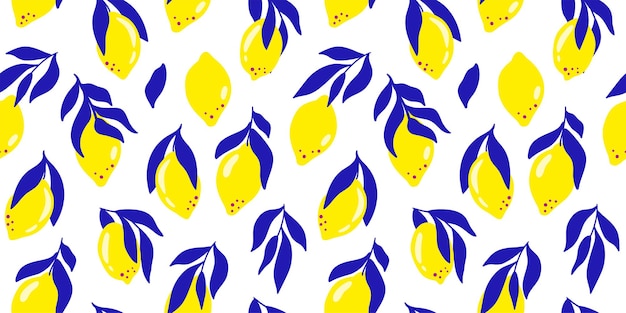 Lemon fruit seamless pattern in abstract Matisse style Tropical summer fruit of yellow citrus blue curve leaves fresh fruit print Hand drawn vector fabric design kitchen textile food wallpaper