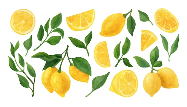 Lemon fruit watercolor clipart illustrations of lemon branch with green leaves