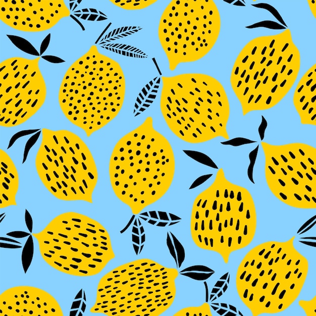 Lemon fruits seamless pattern on blue