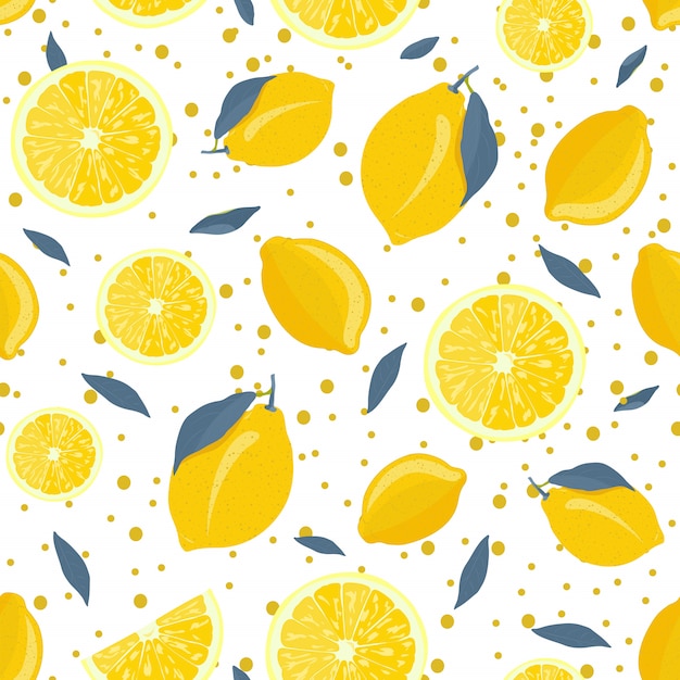 Lemon fruits and slice seamless pattern with gray leaves and sparkling