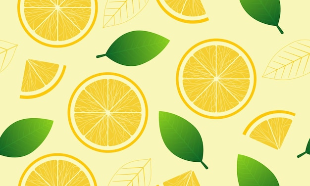 Modello senza cuciture delle metà del limone e delle foglie verdi su fondo giallo di estate