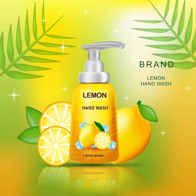 Реклама продукта бутылки насоса для мытья рук с лимоном на реалистичной композиции на блестящем фоне и лучах