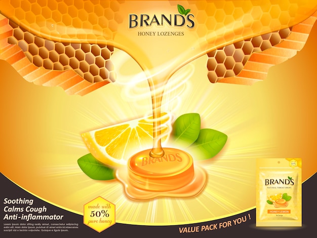 Lemon honey flavor throat drops with leaves and honeycomb elements, golden background  illustration