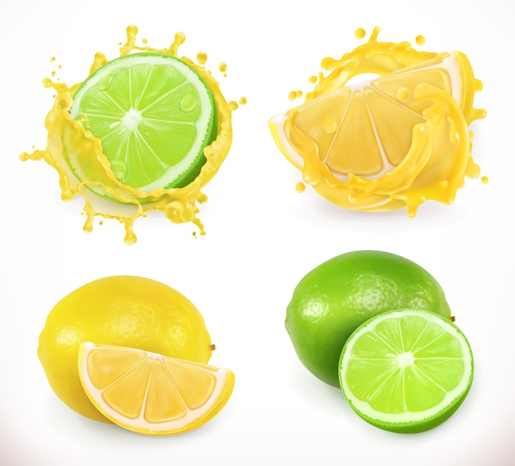 Vector lemon and lime juice. fresh fruit, 3d vector illustration