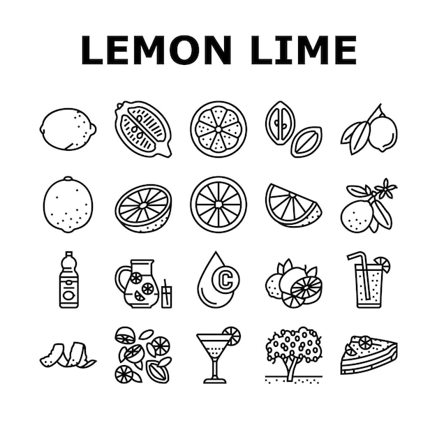 Lemon And Lime Vitamin Citrus Icons Set Vector