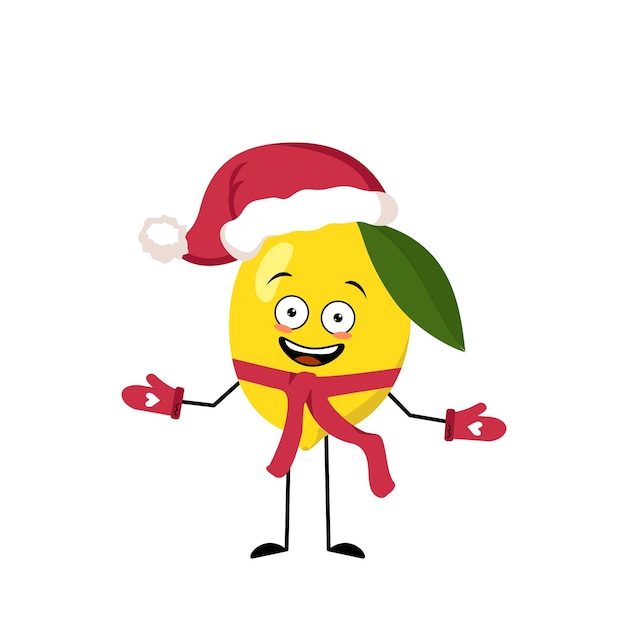 Lemon Santa character with happy emotion, joyful face, smile eyes, arms and legs with scarf and mittens. Fruit person with expression, citrus food for Christmas and New year