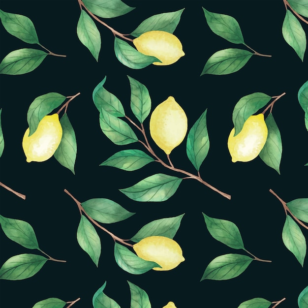 Lemon seamless pattern with leaves painted by watercolor.