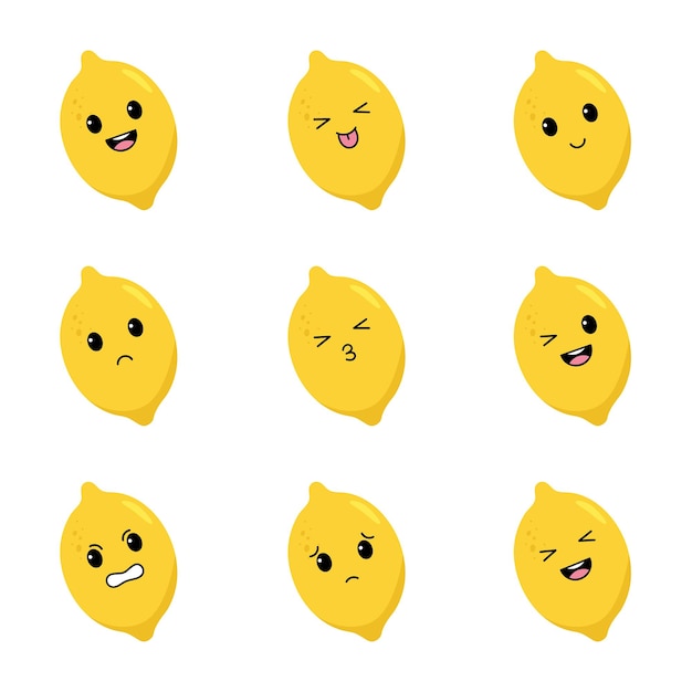 Vector lemon set with kawaii emotions flat design vector illustration