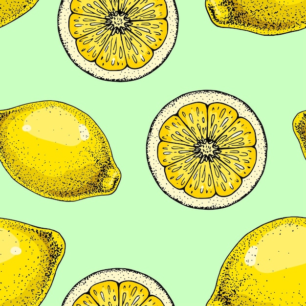 Lemon slice seamless pattern Colorful hand drawn vector illustration in sketch style