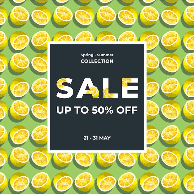 Lemon slice texture. summer 50% sale banner template design. big sale special offer