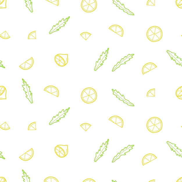 Vector lemon slices doodle style seamless pattern vector illustration of citrus fruits and greenery summer background