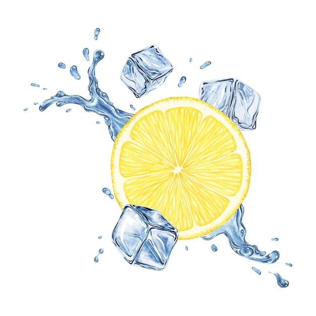 Lemon slices falling splashes water ice cubes Dynamic cold liquid with citrus fruits Isolated hand drawn watercolor illustration for menu packaging of goods advertisement