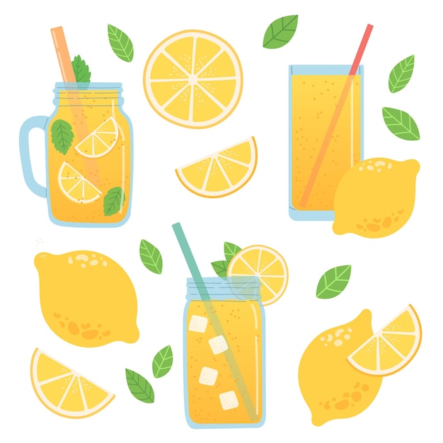 Set estivo al limone con limonata e ghiaccio in diversi bicchieri design piatto illustrazione vettoriale