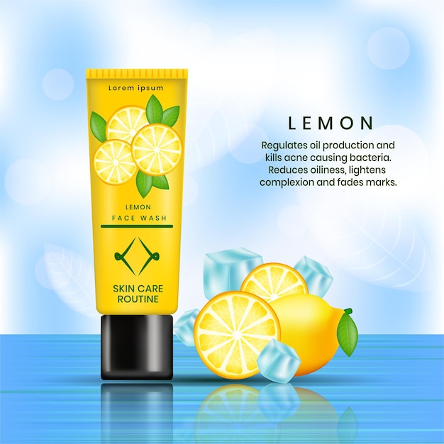 Lemon summer special face wash skin care routine product and packaging advertising on blue icy background