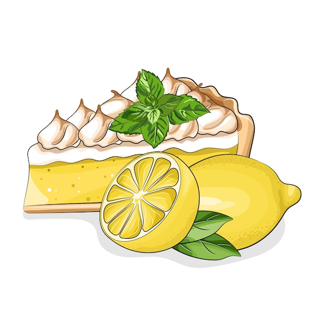 Vettore illustrazione vettoriale del fumetto di crostata al limone. torta con meringa e menta isolata su bianco. torta al limone