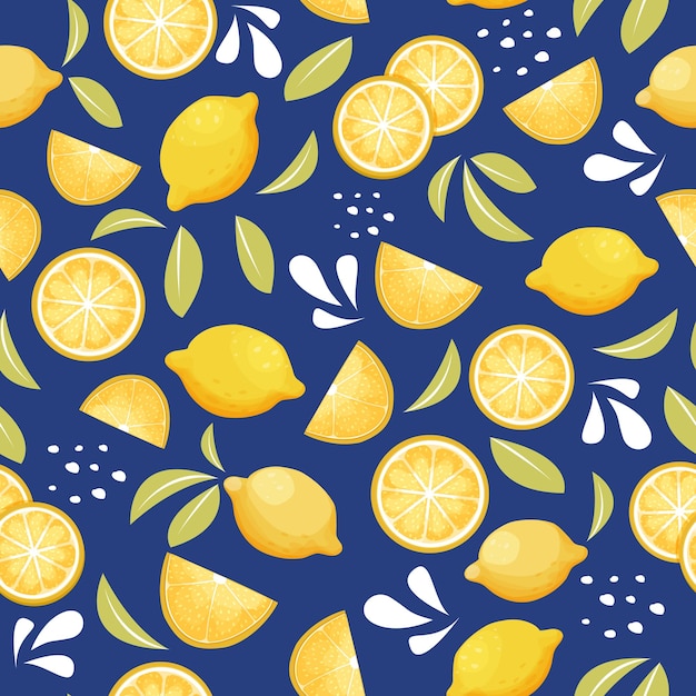 Lemon tropical citrus seamless pattern with leaves slices in cartoon style Abstract fresh bright