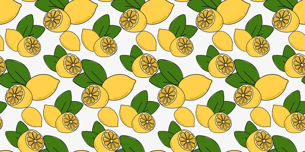 レモン全体と白い背景のシームレスなパターン、手描きに分離された緑の葉とスライス