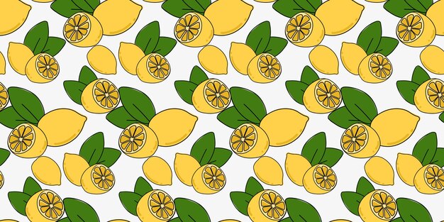 Lemon whole and slice with green leaves isolated on white background seamless pattern, hand drawn