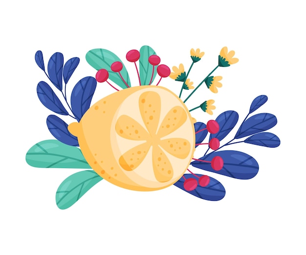 Lemon with Flowers and Leaves Behind Vector Composition