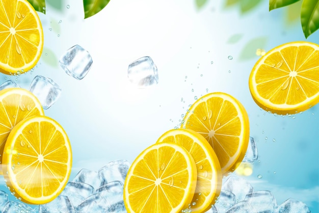 Lemon with ice cubes in 3d illustration with green leaves