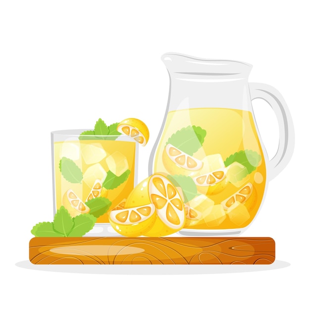 Vector lemonade in a glass cup and jug standing on cutting board decorated with mint and lemon