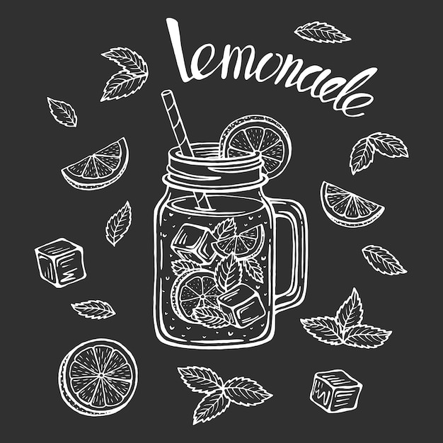 Кружка лимонада со льдом и ломтиком лимона и соломинкой и мятой