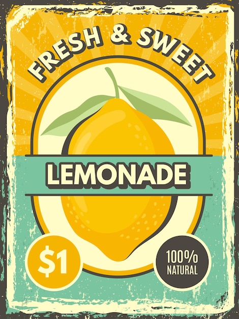 Лимонадный плакат. винтажные гранж метки свежий лимон иллюстрации ресторан или кафе маркетинговый шаблон.