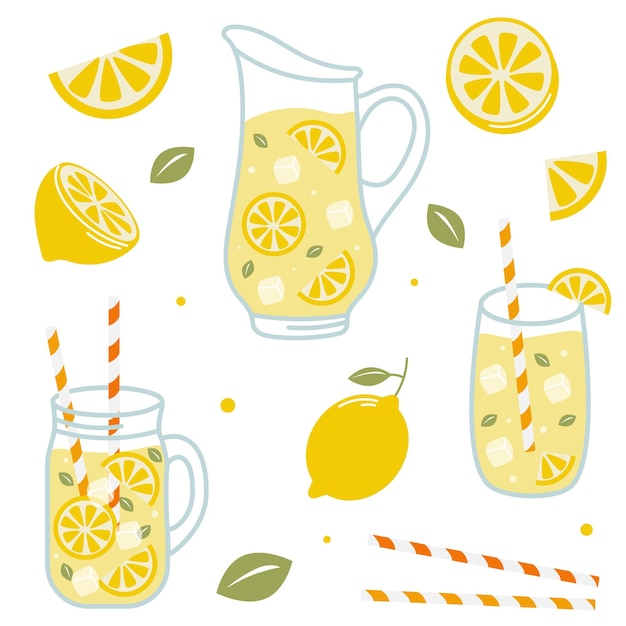 Vector lemonade set lemonade in a jar lemonade jug lemon slice takeaway lemonade for poster