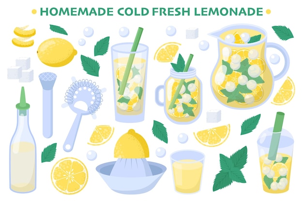 Vector lemonade set refreshing lemon juice in glasses and jars cold summer