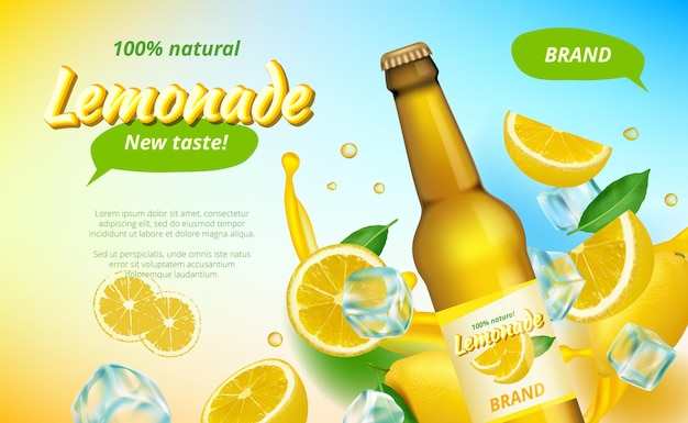 Vector lemone ads. yellow flowing juice splashes and half of healthy fruits drinks advertising poster.