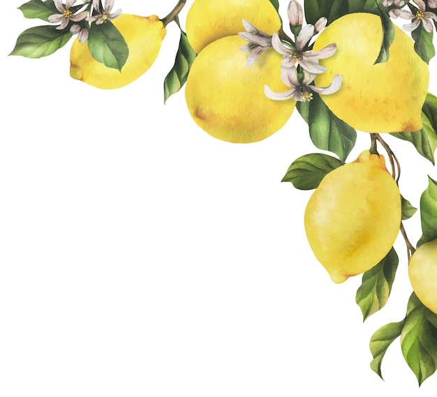 Vettore i limoni sono gialli succosi maturi con foglie verdi boccioli di fiori sui rami interi e fette