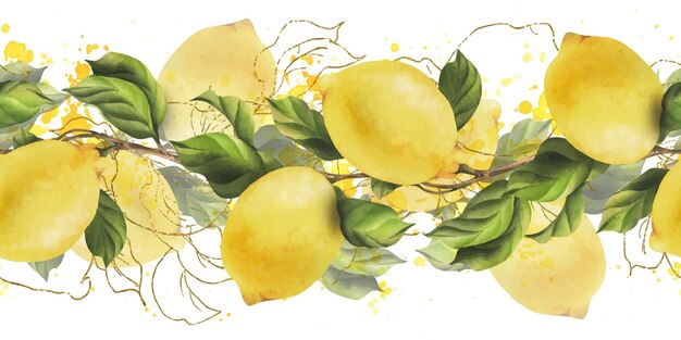 lemons are yellow juicy ripe with green leaves flower buds on the branches whole watercolor hand drawn botanical illustration seamless border on a white background