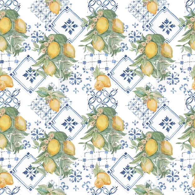 Lemons fruit branch with leaves and flowers tiles majolica provence Watercolor illustration hand