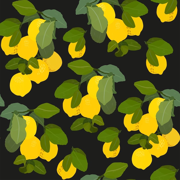 Лимоны гуашь плоские иллюстрации бесшовные модели. Зеленые листья и лимоны на черном фоне