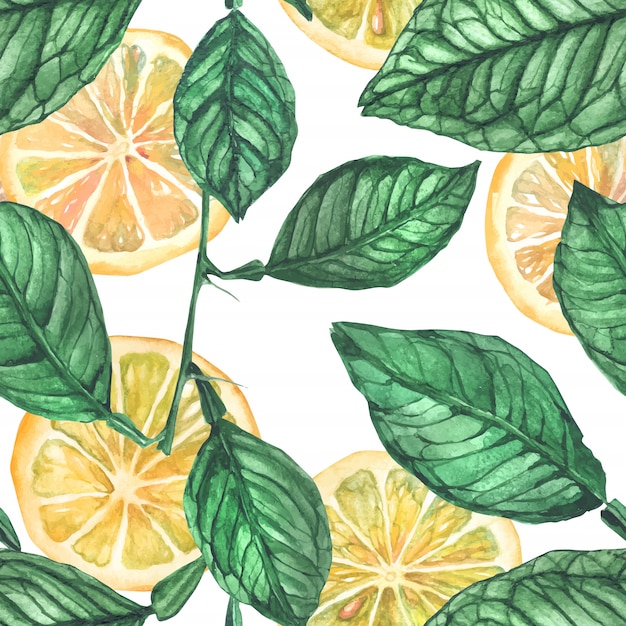 Lemons and leaves seamless pattern