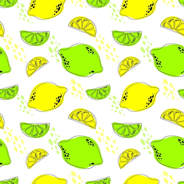 Lemons, limes, spots, lemon slices on white background. citrus seamless pattern. vector.