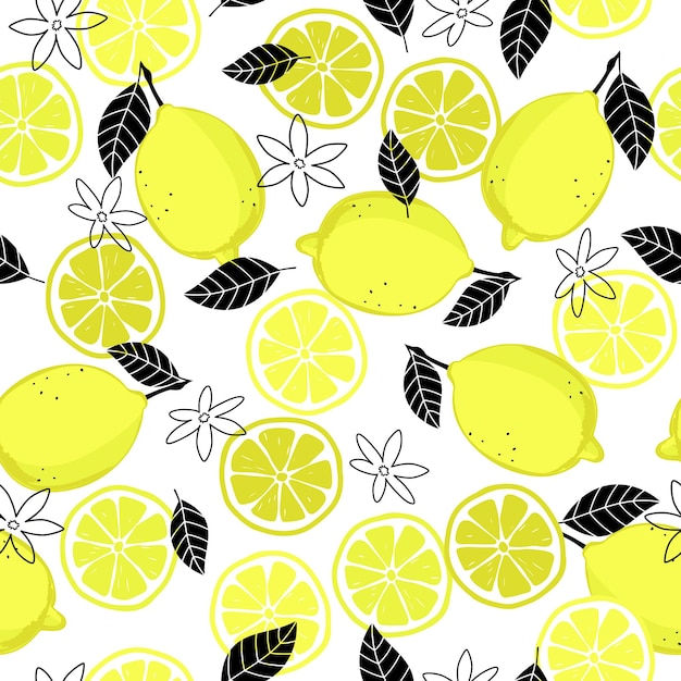 Lemons seamless pattern Ripe lemon and lemon slice with flowers and leaves on white background