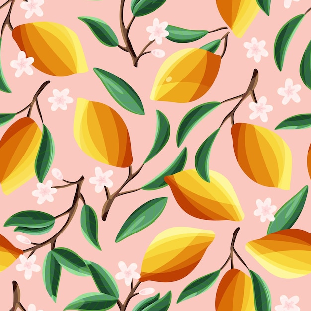 木の枝にレモン、シームレスなパターン。ピンクの背景に熱帯の夏の果物。抽象的なカラフルな手描きイラスト。