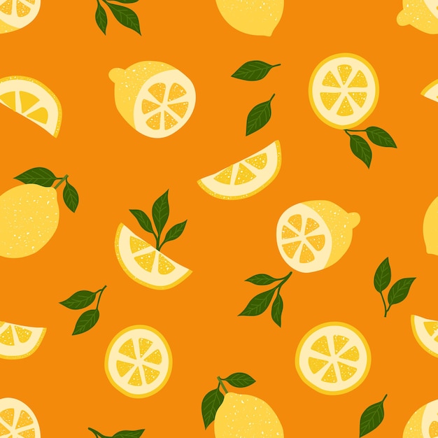 Lemons tropical fruit and leaves on orange seamless pattern