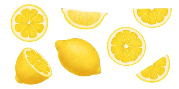 Limoni illustrazione realistica di vettore isolata su bianco metà intera e fette di un limone maturo insieme succoso di agrumi di pezzi tagliati di frutta fresca acida con buccia di colore giallo brillante