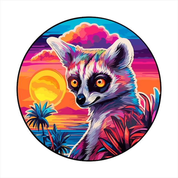 Vettore lemur colorful cartoon kawaii character beach sunset animal pet sticker illustrazione isolata