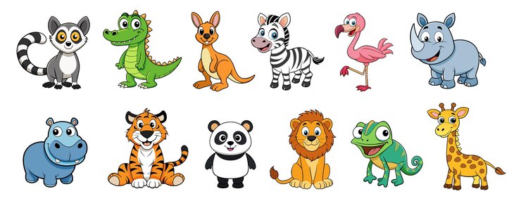 Vector lemur krokodil kangoeroe zebra flamingo neushoorn nijlpaard tijger panda leeuw kameleon en giraf
