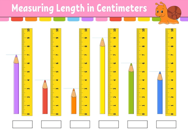 Lengte in centimeter meten met liniaal Onderwijs ontwikkelen werkblad Spel voor kinderen Kleur activiteitenpagina