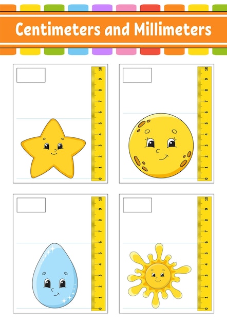 Lengte meten in centimeter en millimeter Onderwijs ontwikkelen werkblad Spel voor kinderen Kleur activiteitenpagina