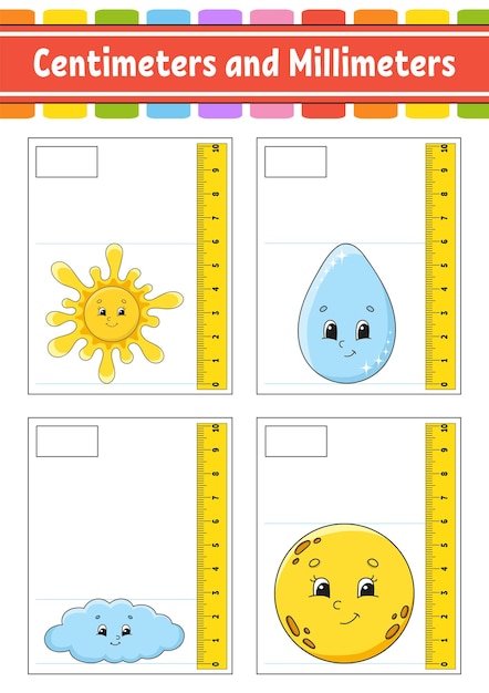 Lengte meten in centimeter en millimeter Onderwijs ontwikkelen werkblad Spel voor kinderen Kleur activiteitenpagina