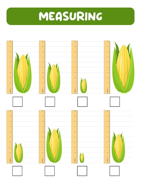 Lengte meten met liniaal onderwijs ontwikkelen werkblad spel voor kinderen vector illustratie oefenblad koren meting in centimeter