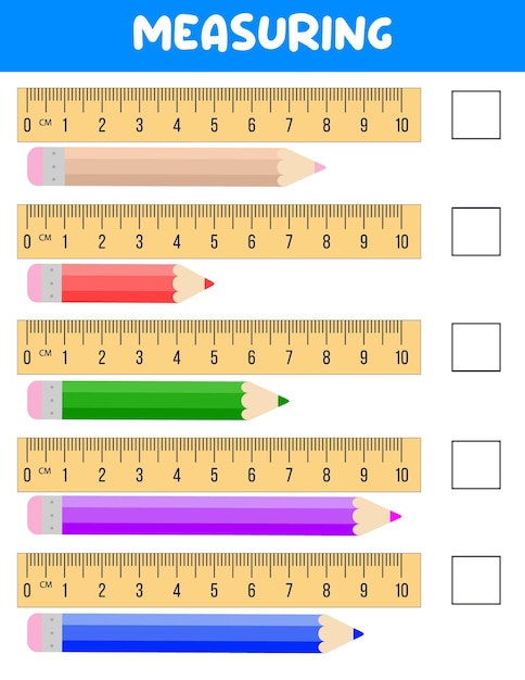 Vector lengte meten met liniaal onderwijs ontwikkelwerkblad spel voor kinderen vector illustratie oefenbladen potloodmeting in centimeters
