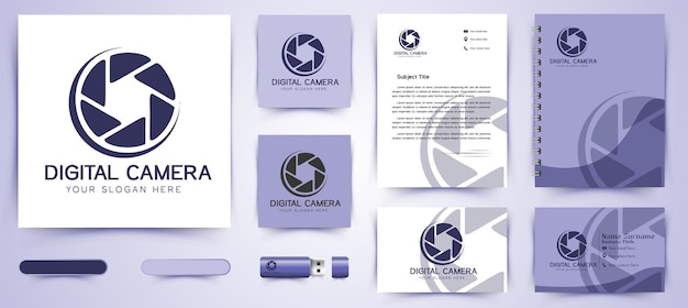 Lens camera icon logo and business card branding template designs inspiration isolated on white background