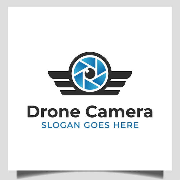 Lens camera video with wings symbol for modern drone, photo studio logo design