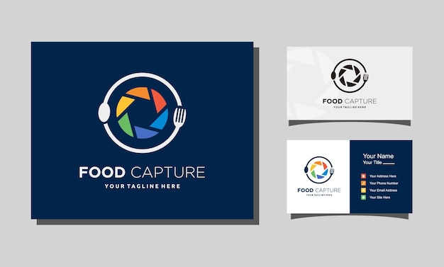 レンズフォークとスプーンの食べ物の写真のロゴデザインアイコンベクトルテンプレート